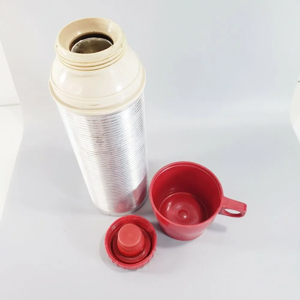 American Thermos Pint Size Ribbed Aluminum Red Cap Glass Insert Travel VTG
